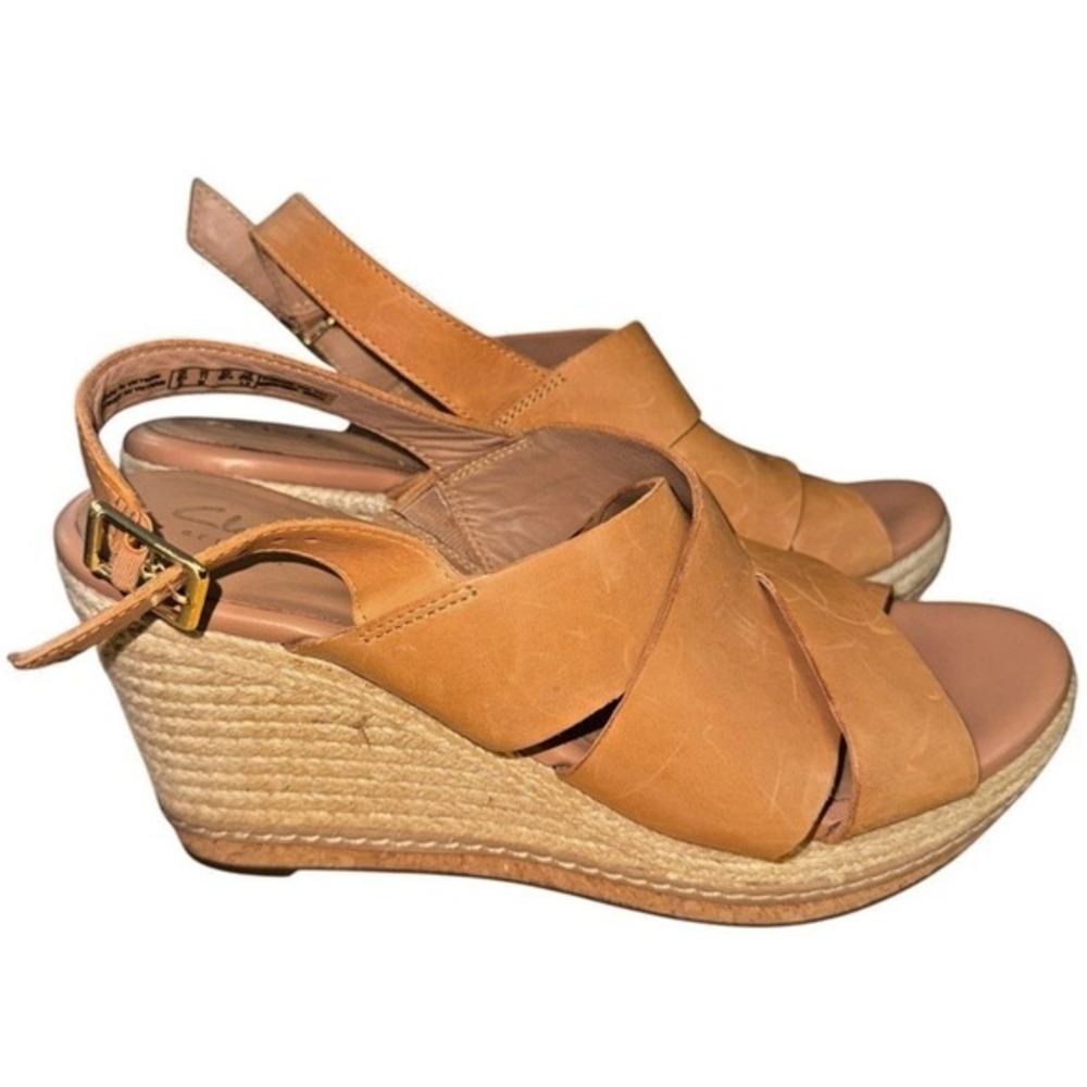 Clarks Amelia Dally Womens 11M Pre-Owned Caramel Leather Espadrille Wedge Sandal
